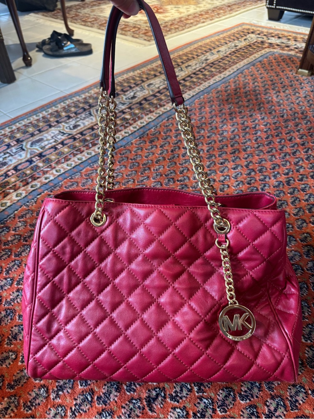 Michael Kors Quilted Red - Fuchsia Shoulder Tote with Gold Chain